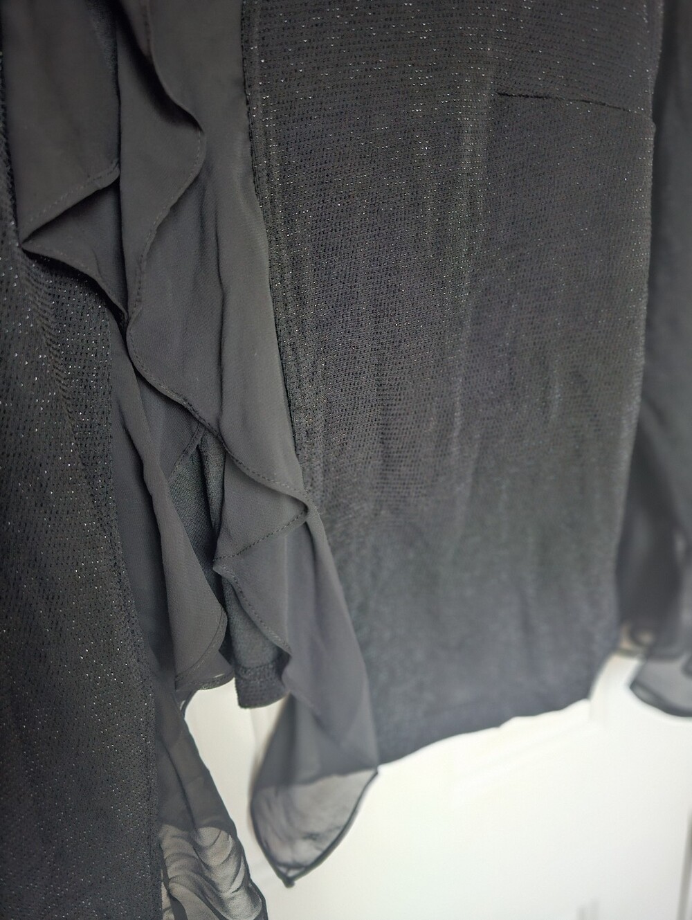 Xscape Black Ruffled Open-Front Cardigan with Sheer Ruffle Trim - Picture 6 of 8